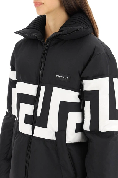 Shop Versace Down Jacket With Greca In Black,white