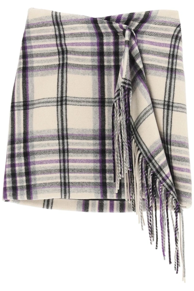 Shop Msgm Checkered Mini Skirt With Fringes In Beige,black,purple,grey