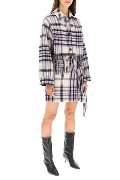 Shop Msgm Checkered Mini Skirt With Fringes In Beige,black,purple,grey