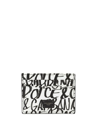 Shop Dolce & Gabbana Graffiti Leather Card Holder With Logo In White/black