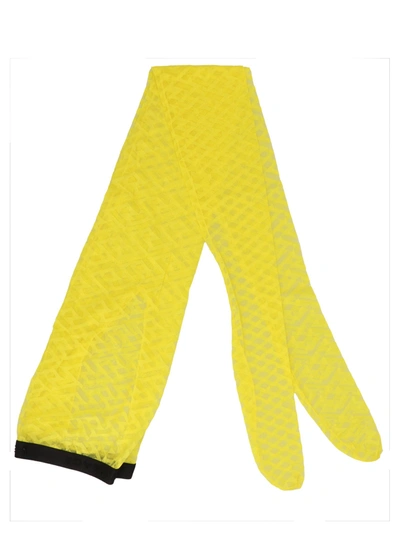 Shop Versace High Waist Monogram Tulle Sheer Tights In Yellow
