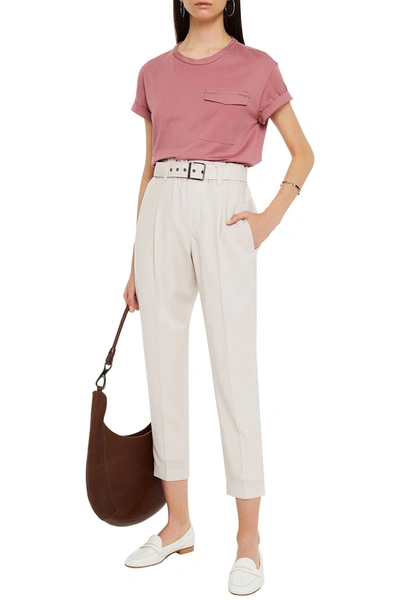 Shop Brunello Cucinelli Cropped Belted Wool Tapered Pants In Beige
