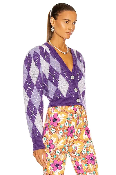 Shop Alessandra Rich Argyle Wool Crystal Cropped Cardigan In Purple
