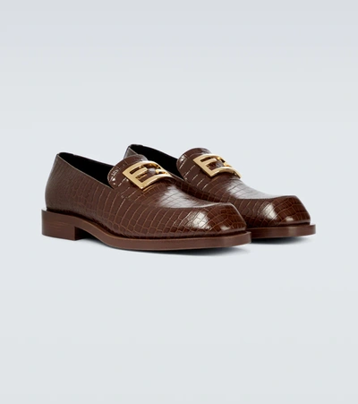 Shop Fendi Leather Loafers With Logo In Brown