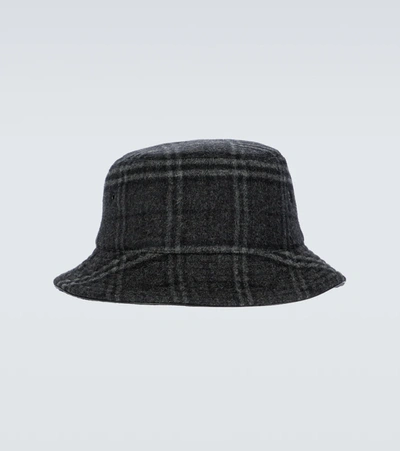 Shop Burberry Wool And Cashmere Checked Bucket Hat In Grey