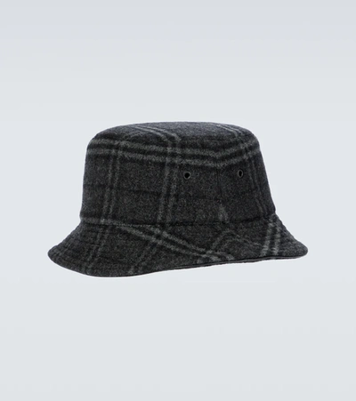 Shop Burberry Wool And Cashmere Checked Bucket Hat In Grey