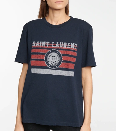 Shop Saint Laurent Logo Cotton T-shirt In Blue