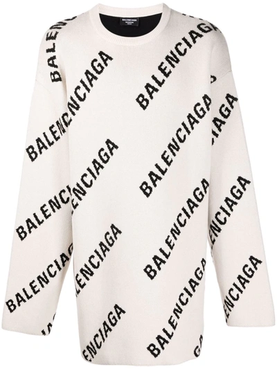 Shop Balenciaga Allover Logo Crew-neck Jumper In 中性色