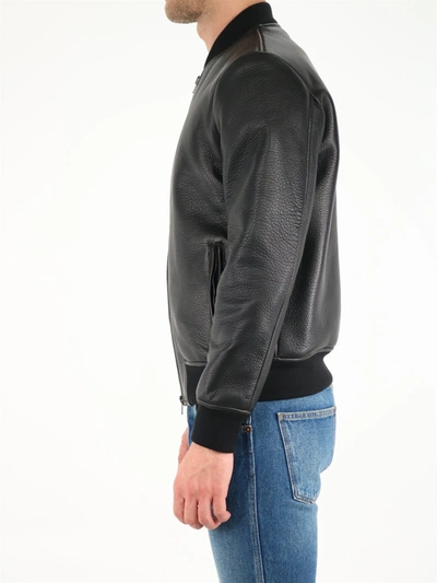 Zip-up Leather Bomber Jacket In Black