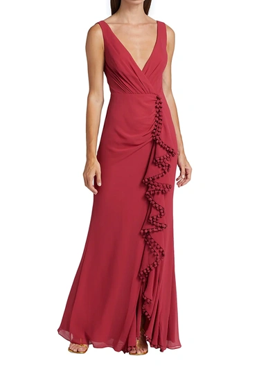 Shop Badgley Mischka V-neck Ruffle Gown In Berry