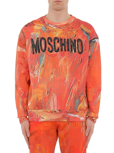 Shop Moschino Painted Logo Crewneck Sweatshirt In Orange Multi