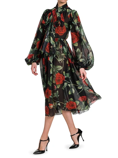 Shop Dolce & Gabbana Floral Chiffon Puff Sleeve Dress In Rose Fdo Nero
