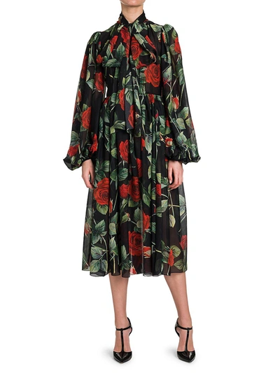 Shop Dolce & Gabbana Floral Chiffon Puff Sleeve Dress In Rose Fdo Nero