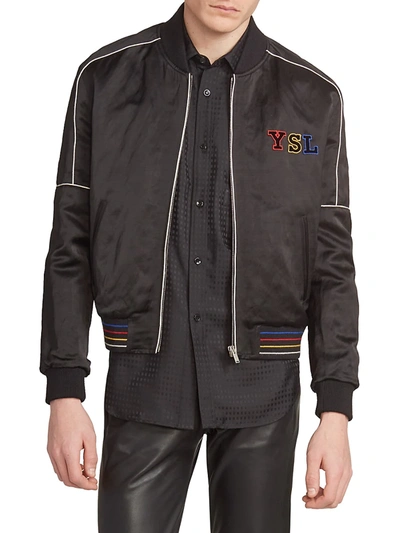 Shop Saint Laurent Teddy Patch Satin Bomber Jacket In Noir