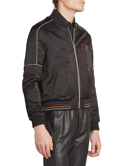 Shop Saint Laurent Teddy Patch Satin Bomber Jacket In Noir