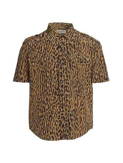 Shop Saint Laurent Leopard Silk Button-up Shirt In Kaki Noir