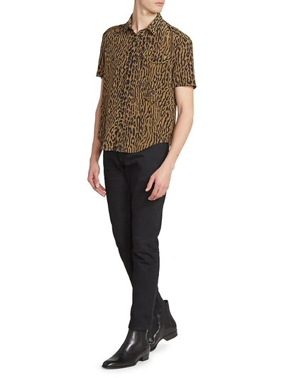 Shop Saint Laurent Leopard Silk Button-up Shirt In Kaki Noir