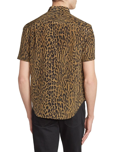 Shop Saint Laurent Leopard Silk Button-up Shirt In Kaki Noir
