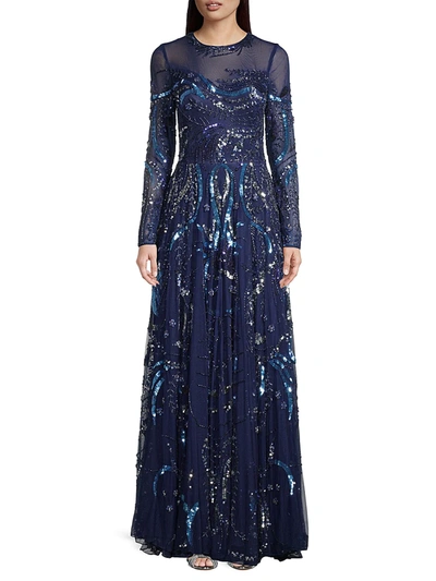 Shop Mac Duggal Women's Embellished Long Sleeve Gown In Midnight