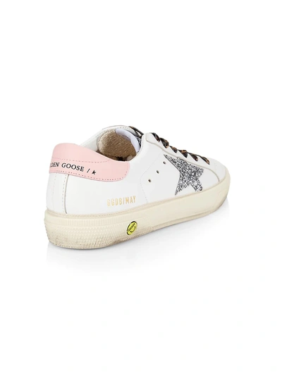Shop Golden Goose Little Girl's & Girl's May Glitter Star Leather Sneakers In White Silver