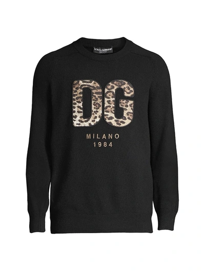 Shop Dolce & Gabbana Men's Leopard Logo Sweater In Nero