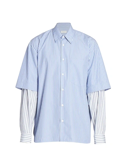 Carle Cotton Contrast Layered Striped Shirt In Light Blue