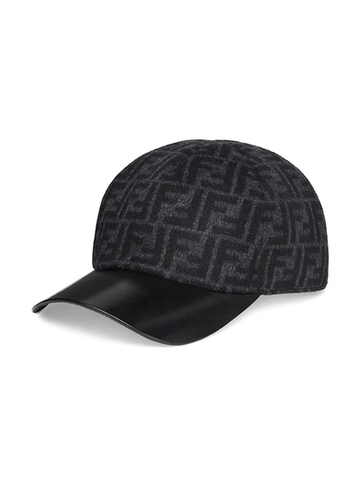 Shop Fendi Men's Wool & Leather Monogram Baseball Cap In Anthracite Black