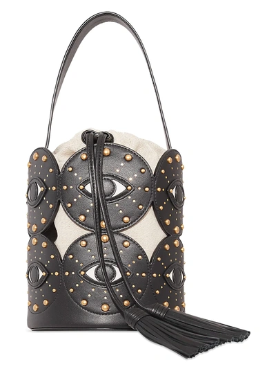 Shop Rebecca Minkoff Evil Eye Leather Studded Bucket Bag In Black