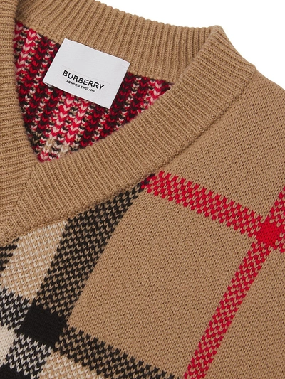 Shop Burberry Little Boy's & Boy's Denny Check Intarsia Wool-cashmere Sweater In Archive Beige