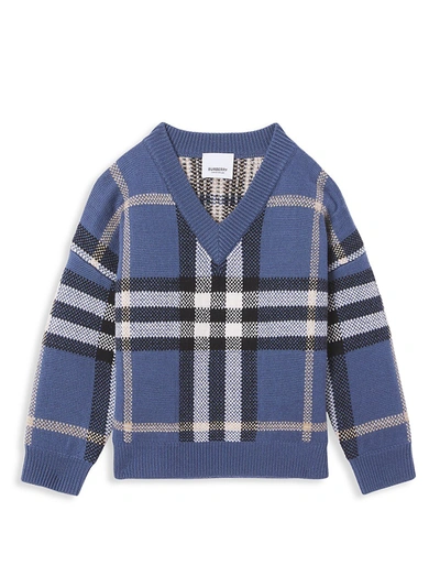 Shop Burberry Little Boy's & Boy's Denny Check Intarsia Wool-cashmere Sweater In Pebble Blue