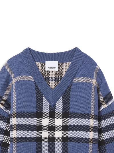 Shop Burberry Little Boy's & Boy's Denny Check Intarsia Wool-cashmere Sweater In Pebble Blue