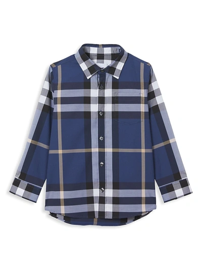 Shop Burberry Little Boy's & Boy's Check Stretch-cotton Shirt In Pebble Blue
