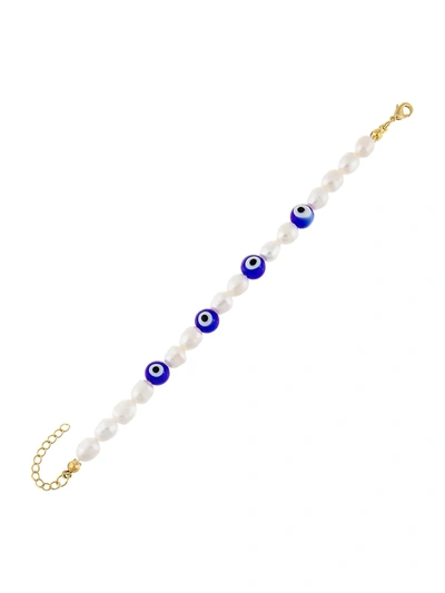 Shop Adinas Jewels 14k Gold-plated, 6mm Freshwater Pearl & Glass Evil Eye Bracelet In Pearl White