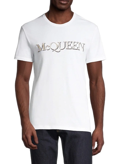 Shop Alexander Mcqueen Men's Embroidered Logo T-shirt In White Mix