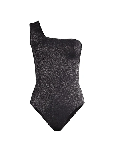 Shop Ganni Glitter One-shoulder Swimsuit In Black