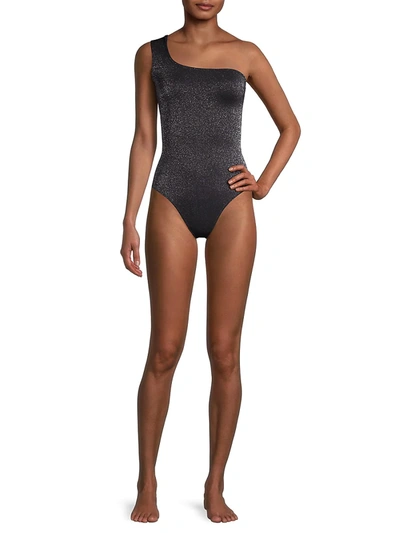 Shop Ganni Glitter One-shoulder Swimsuit In Black