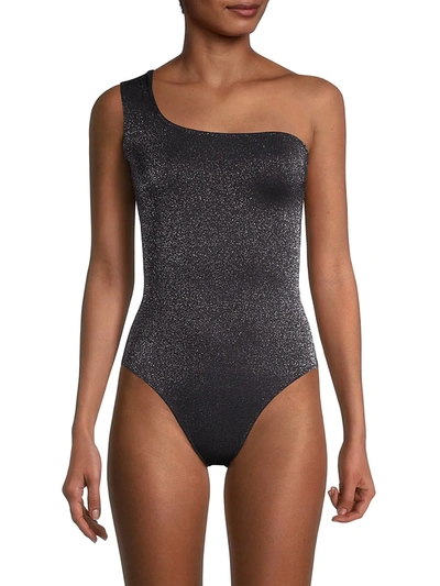 Shop Ganni Glitter One-shoulder Swimsuit In Black