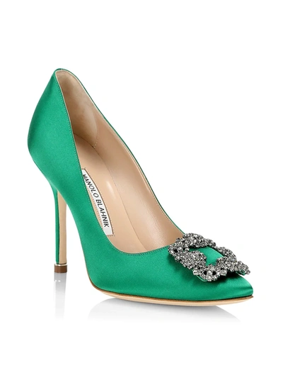 Shop Manolo Blahnik Hangisi 105 Embellished Satin Pumps In Green