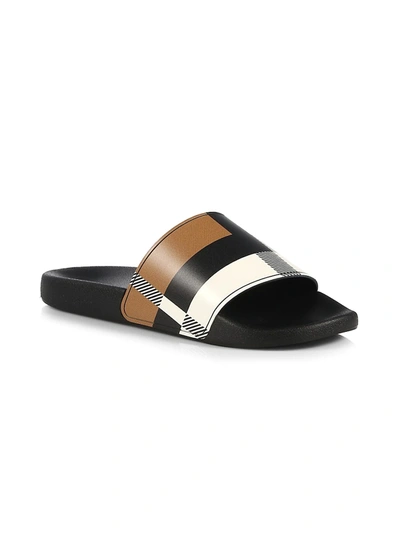 Shop Burberry Furley Check Pool Slides In Camel Check