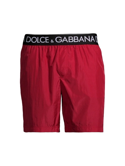 Shop Dolce & Gabbana Logo Waistband Swim Trunks In Red