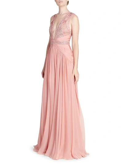 Shop Zuhair Murad Women's Beaded Chiffon Plunging V-neck Gown In Rose Tan