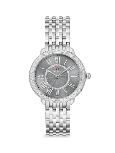 Shop Michele Serein Stainless Steel & Diamond Bracelet Watch In Silver
