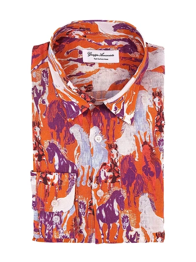 Shop Giuseppe Annunziata Men's Horses Print Long-sleeve Shirt In Orange