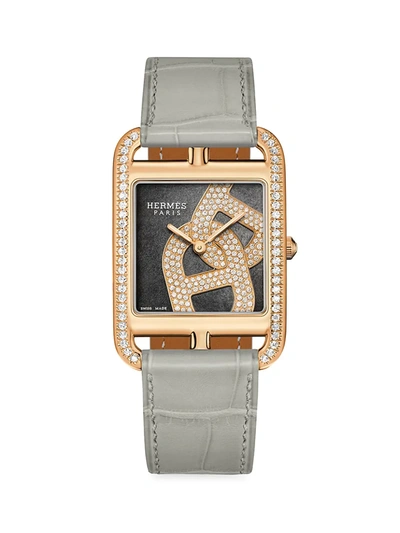 Shop Herm S Women's Cape Cod 37mm Chain D'ancre 18k Rose Gold, Diamond & Alligator Strap Watch In Grey