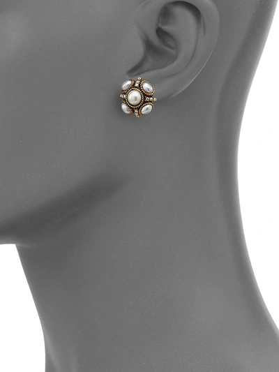 Shop Oscar De La Renta Crystal & Faux Pearl Stud Earrings In Gold Pearl