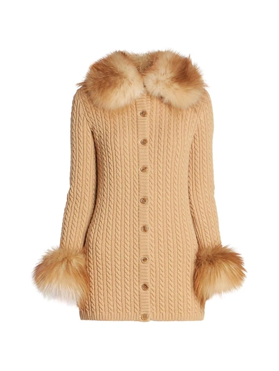 Shop Saint Laurent Bleached Fox Trim Cardigan In Camel