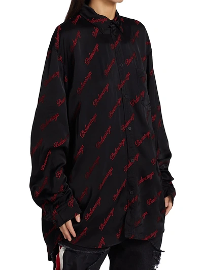 Shop Balenciaga Script Logo Oversized Shirt In Black Red
