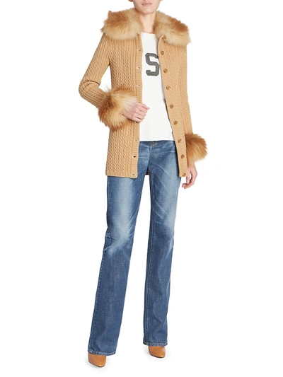 Shop Saint Laurent Bleached Fox Trim Cardigan In Camel