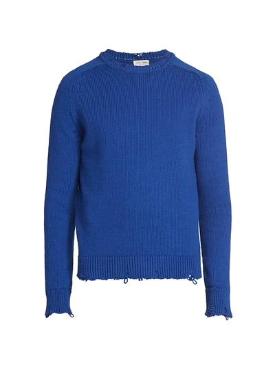 Shop Saint Laurent Frayed Cotton Sweater In Blue