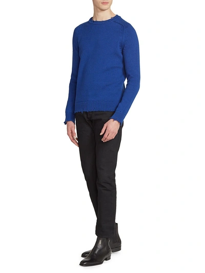 Shop Saint Laurent Frayed Cotton Sweater In Blue